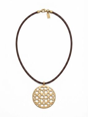 Authentic Coach Gold Signature C Cutout Disc Brown Leather Cord Necklace